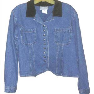 VintageY2K Denim Blazer Siz 12 Velvet Collar metal buttons pockets Shoulder Pads